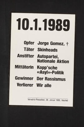10.1.1989 - Opfer: Jorge Gomez - Täter: Skinheads […] - Vörwärts-Pressefest 28.1.1989